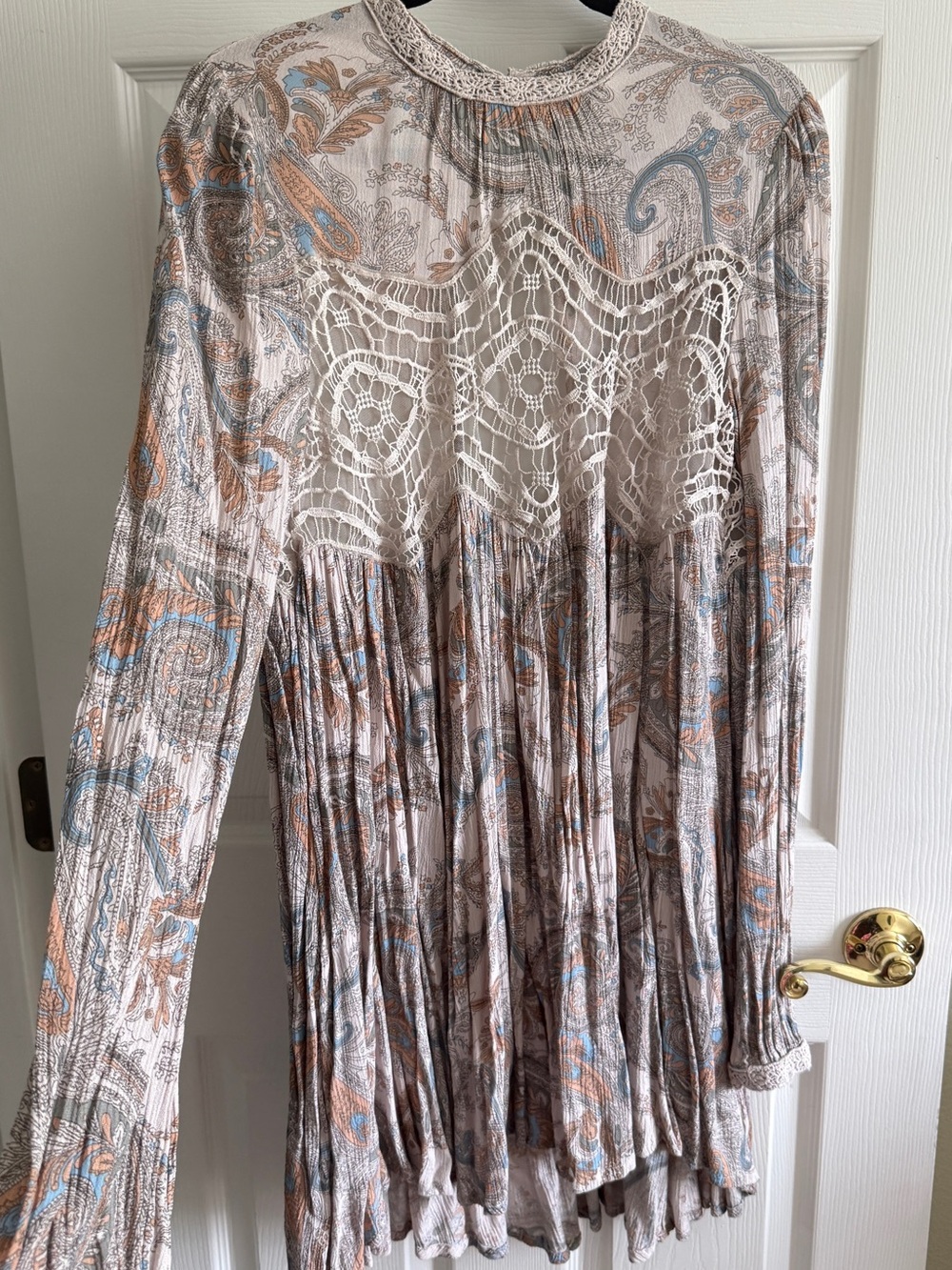Free People Paisley Boho Tunic Dress Lace Panel Crochet Trim L